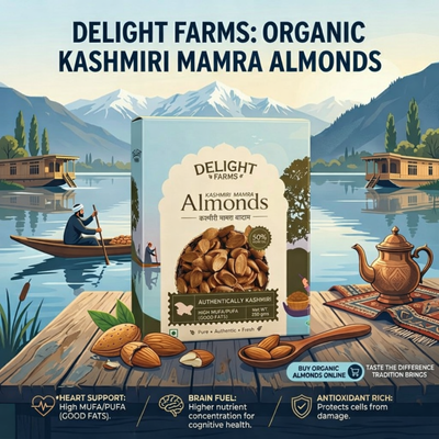 Premium mamra almonds in brass bowl on rustic wooden table with natural light
