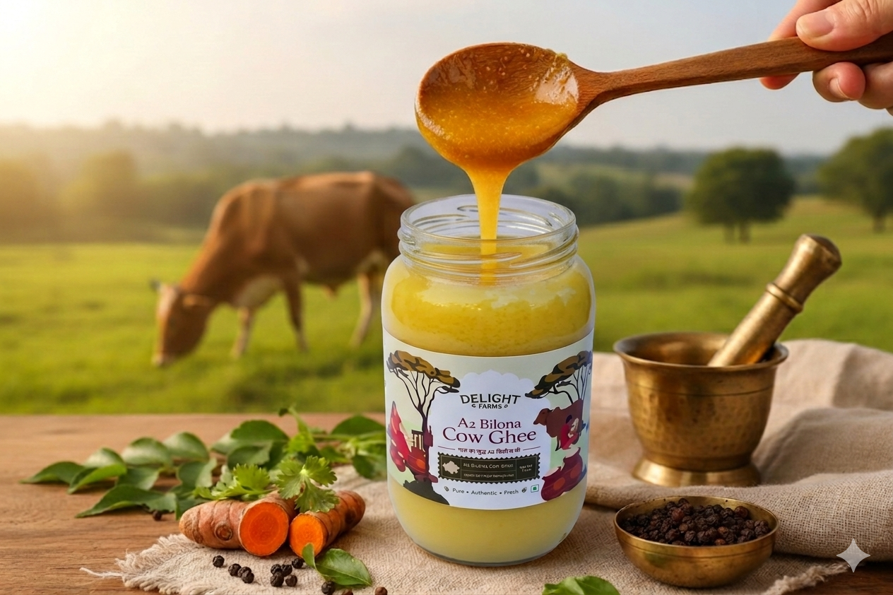 Traditional brass bowl of A2 bilona ghee with fresh raw ingredients on wooden rustic table