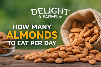 Almonds in burlap sack on wooden table with text about how many almonds to eat per day