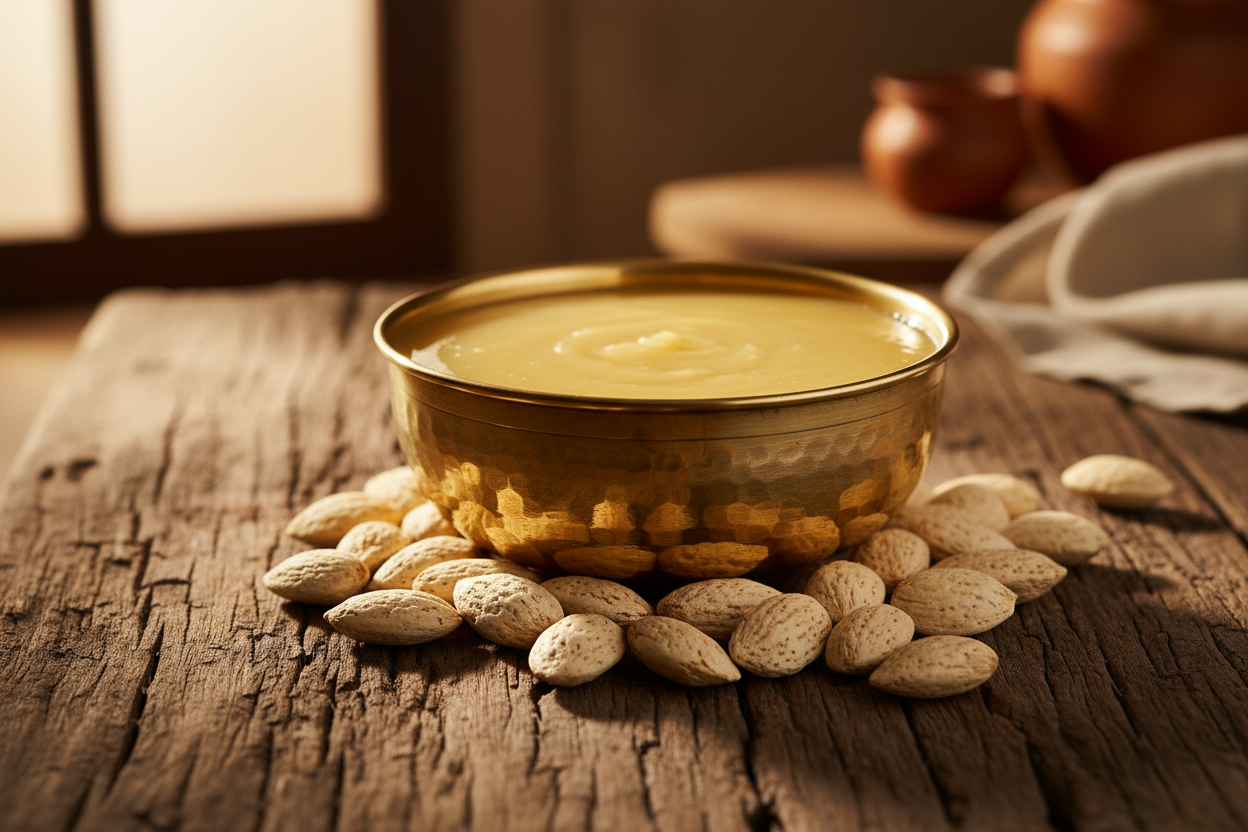 Brass bowl with A2 ghee and mamra almonds on wooden table with warm light