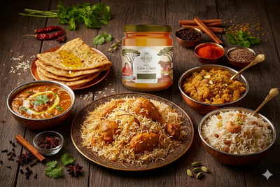 Desi cow ghee jar placed with Indian dishes like biryani, dal, roti, and pulao on a wooden table with spices