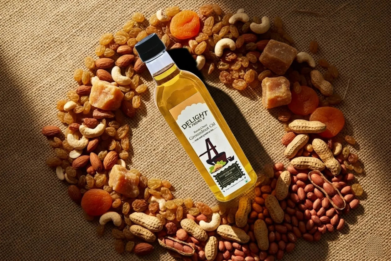  Groundnut oil bottle with dry fruits, jaggery, and fresh peanuts on burlap cloth 