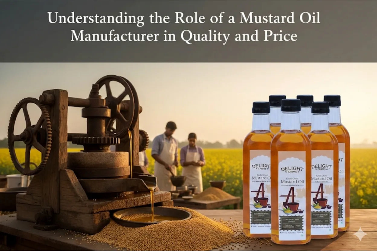 Mustard oil production with traditional press machine and bottled mustard oil displayed in field setting