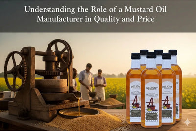 Mustard oil production with traditional press machine and bottled mustard oil displayed in field setting