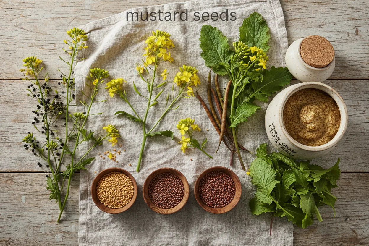  Close-up of mustard seeds, fresh mustard leaves, and brass oil pot on wooden surface 