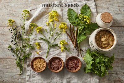  Close-up of mustard seeds, fresh mustard leaves, and brass oil pot on wooden surface 