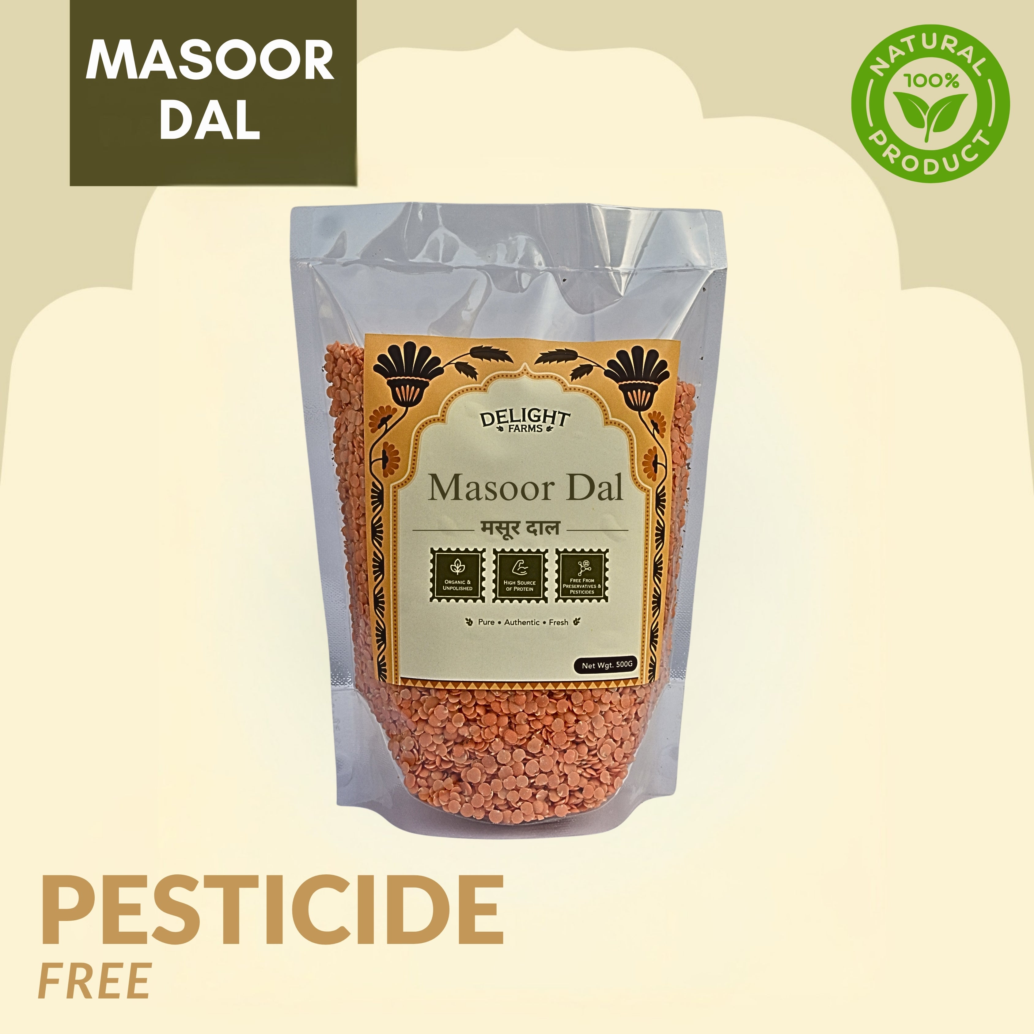 Delight Farms Masoor Dal 500g | High Protein, Rich in Iron & Fiber, Naturally Nutritious | Supports Fast Cooking Meals, Muscle Recovery & Digestive Wellness | Pesticide-Free, Residue-Free, Pure & Natural Premium Pulses