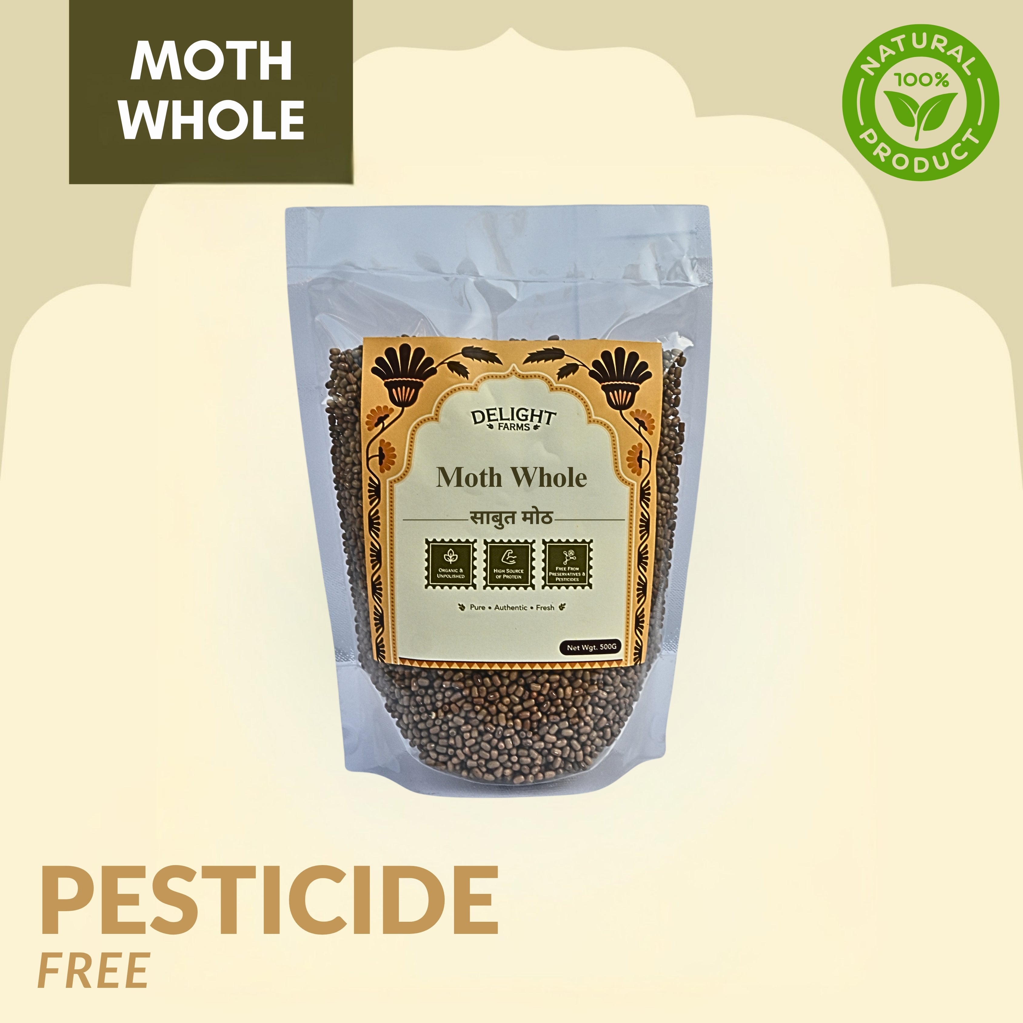 Delight Farms Moth Dal Whole 500g | Matki Beans | High Plant Protein, Rich in Fiber & Iron, Naturally Nutritious Legume | Supports Energy, Muscle Strength & Digestive Wellness | Pesticide-Free, Residue-Free, Pure & Natural Premium Pulses Main image