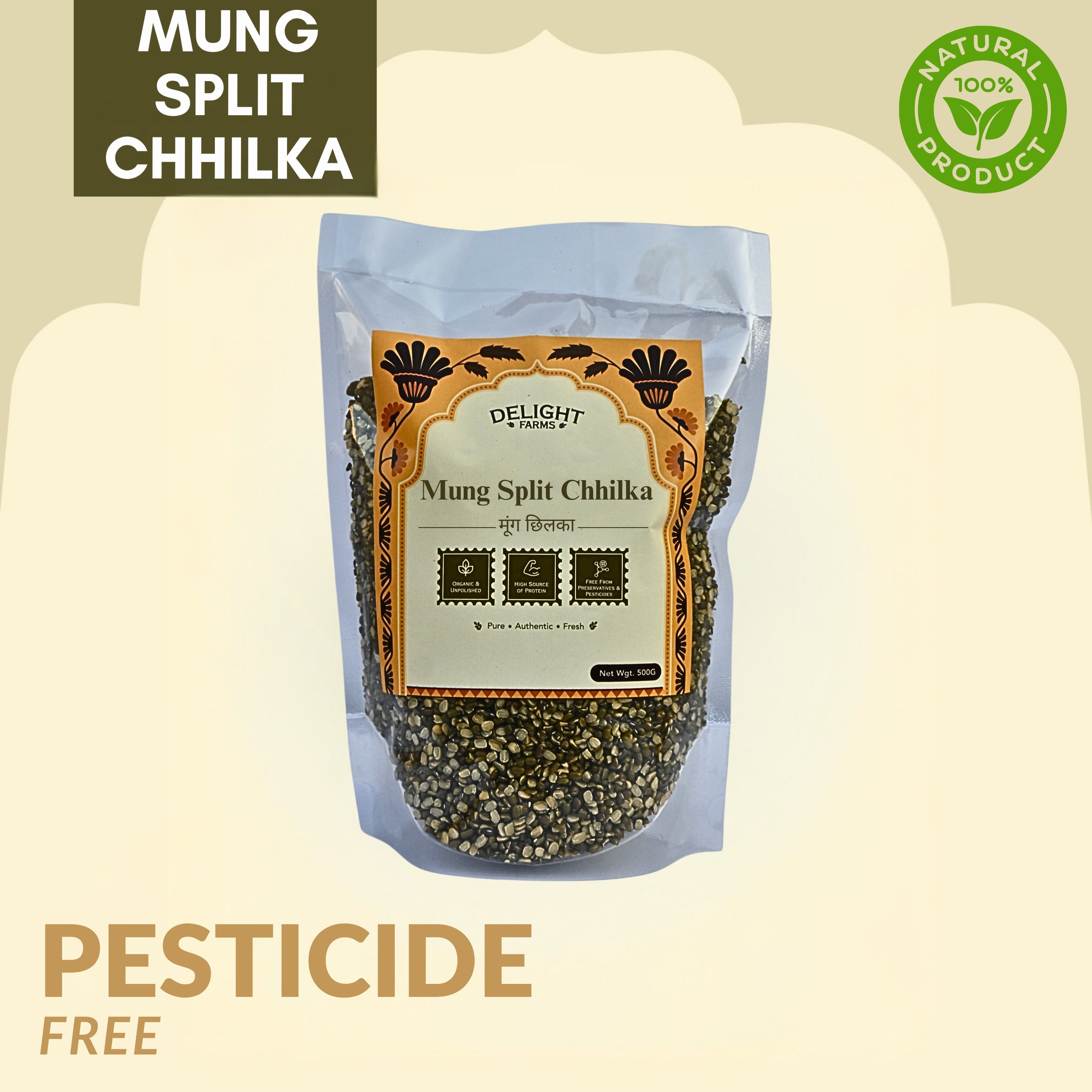 Delight Farms Mung Split Chilka 500g | Green Moong Dal Split with Skin | High Plant Protein, Rich in Fiber & Iron | Supports Energy, Muscle Strength & Digestive Health | Easy to Cook, Gluten-Free, Pure & Natural Premium Pulses Main image